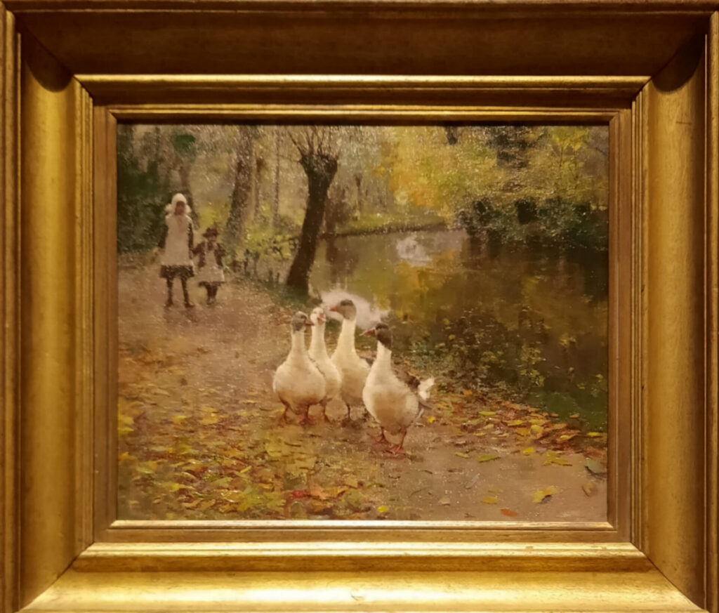 Oil painting of two young women walking through a sunlit meadow, guiding a flock of geese. The scene is pastoral and serene, with soft natural light and gentle movement.