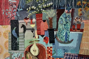 Ann Oram's collage of a tabletop scene with scattered objects and a green cat figure, arranged with layered textures.