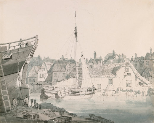 Turner painting of Dover’s harbourfront with moored ships, waterfront buildings, and soft maritime light