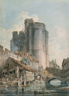 Turner drawing of Canterbury’s West Gate seen from the river, with stone towers, arched bridge, and soft reflections.
📚 Description
Created around 1792, this delicate watercolour shows the West Gate—Canterbury’s last surviving medieval city gate—rising above the River Stour. Turner’s composition emphasizes symmetry and stillness, with the gate’s twin towers mirrored in the water below. It’s an early example of his interest in historic architecture and atmospheric light, laying the groundwork for his later, more expressive landscapes.
Let me know if you'd like to harmonize this with other Kent entries or adjust the tone for a printed guide or presentation.