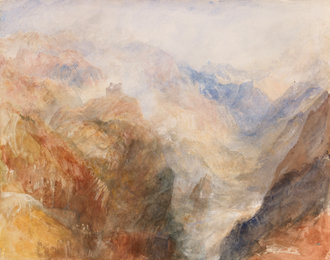Turner watercolour of the Val d’Aosta from Montjovet, with mountain slopes, scattered buildings, and soft, luminous sky