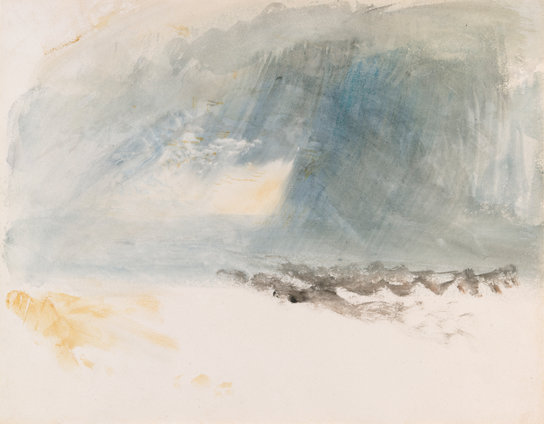 Turner watercolour of Lake Lucerne with distant mountains, soft rain over water, and luminous sky.