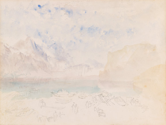 Turner sketch of Lake Lucerne from Fluelen, with distant peaks, calm water, and soft Alpine light.