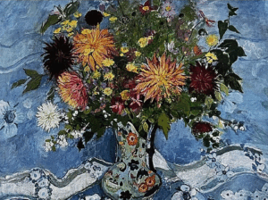painting of dahlias and cosmos flowers in a decorative vase